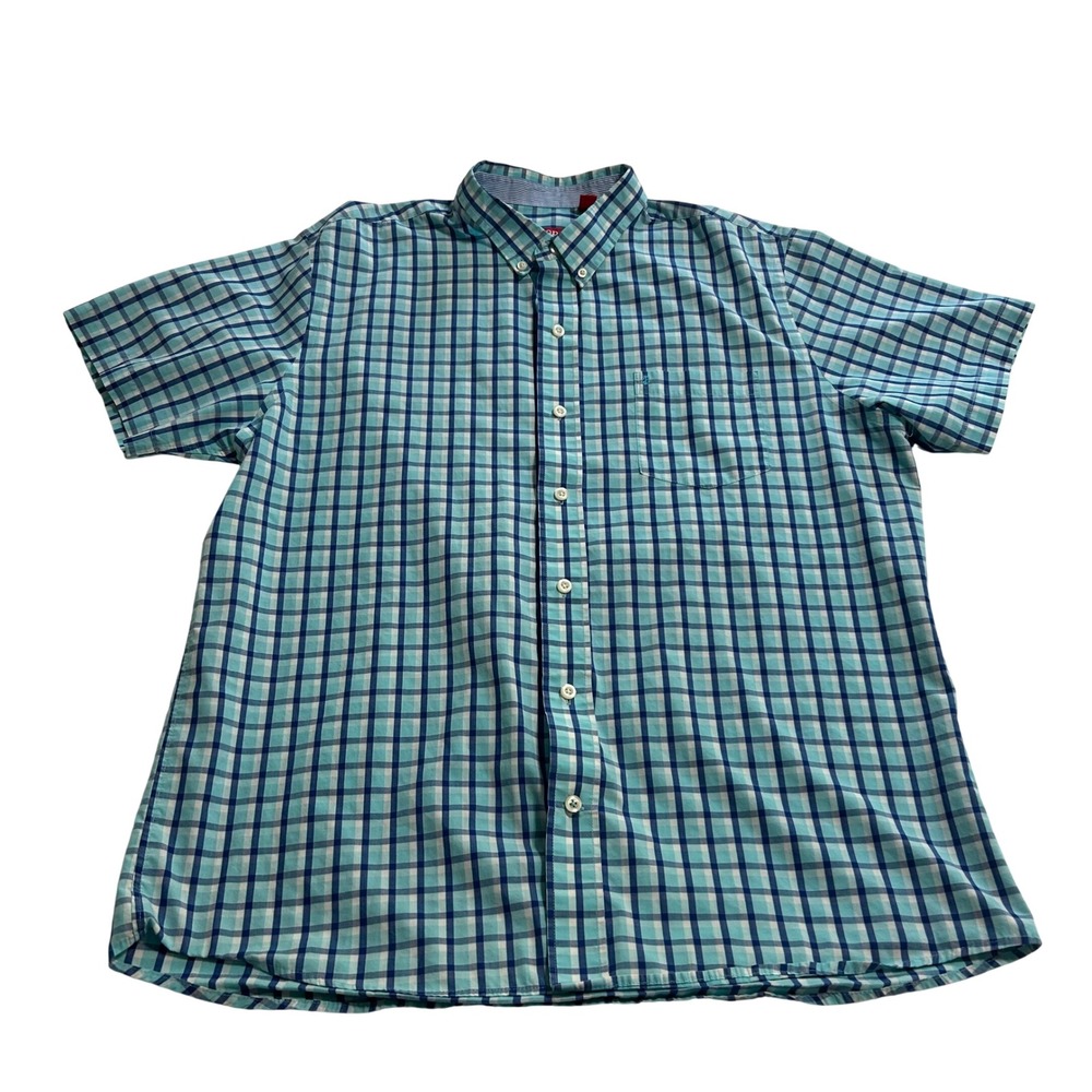 IZOD Mens XL Blue Plaid Short Sleeve Button Down Shirt Cotton Blend Pocket